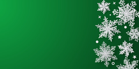 Wall Mural - Christmas illustration with beautiful white complex snowflakes with soft shadows on green background