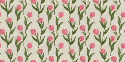 seamless minimalistic embroidery pattern of tulips, each with three pink petals and a few leaves, on a plain cream fabric