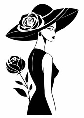 Wall Mural - Elegant silhouette of a woman in an oversized floral hat, looking back gracefully. Silhouette of a beautiful woman in outline style in hat vector