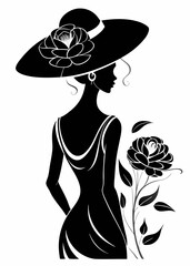 Wall Mural - Elegant silhouette of a woman in an oversized floral hat, looking back gracefully. Silhouette of a beautiful woman in outline style in hat vector