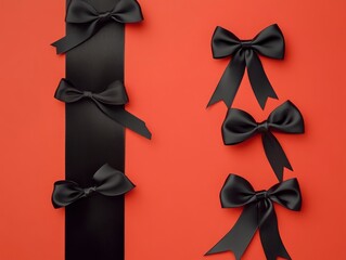 Wall Mural - Black ribbons with bows on bright solid color background, black friday sale banner, space for text