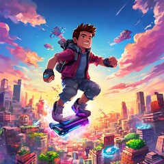 Dynamic animated boy flying on a futuristic hoverboard above a vibrant, colorful cityscape. The scene captures the thrill of futuristic adventure and youthful excitement in a lively urban setting.