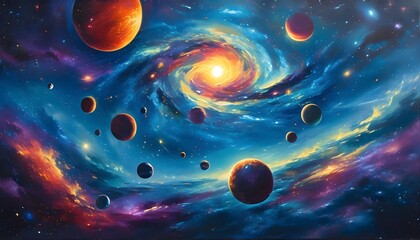 Wall Mural - Vibrant cosmic galaxy showcasing diverse planets orbiting a luminous sun within a star-studded nebula