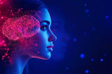 Canvas Print - Cyberneural synapse optimization cortical implant cognitive fusion and cognitive expansion woman and ai brain facing each other in a vibrant conceptual tech environment