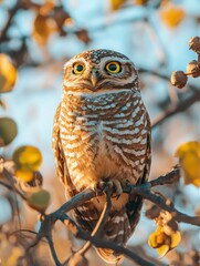 Wall Mural - A Burrowing Owl Perched on a Branch with Blurred Background