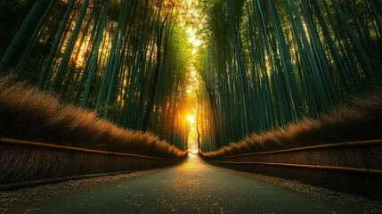 Wall Mural - A Path Through a Golden-Lit Bamboo Forest