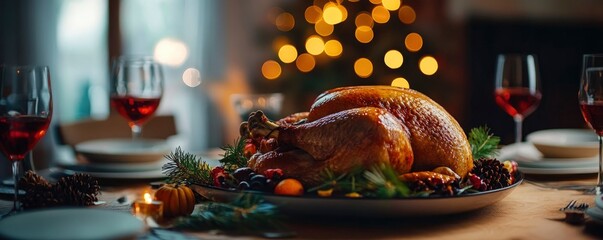 Thanksgiving traditional dinner with roasted turkey close up, festive atmosphere