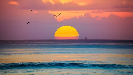 Wall Mural - Yellow Sun Set in The Middle of The Ocean