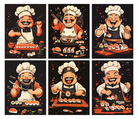 Japanese chefs posters. Happy asian man in cook hat cooking sushi, adult funny character in kitchen uniform make seafood meals, cartoon set vector illustration