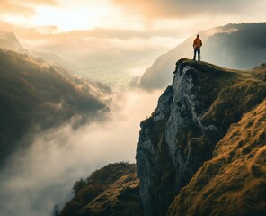 hiker standing on the edge of mointain looking at sunset