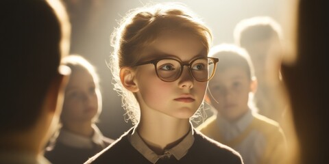 Wall Mural - a young girl stands in a spotlight, wearing glasses. she looks intently at the others around her. th