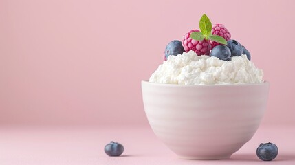 Bowl of whipped cream topped with fresh blueberries on a pastel pink background. Studio food photography for design and print.

