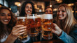 © Frank Gärtner - Young adults enjoying a lively gathering with beer mugs at a pub, sharing smiles and laughter