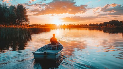 In this image, a European fisherman enjoys a peaceful sunset while fishing in his boat