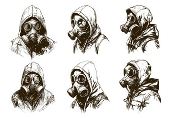 Wall Mural - Man in gas mask sketch. Adult human in hood face protection, pollution smoke nuclear people safety sketches, stalker set hand drawing vector illustration