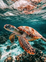 Wall Mural - Sea Turtle Swimming Underwater in a Coral Reef