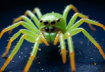 A green spider on a web with dew drops