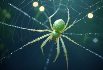 A green spider on a web with dew drops