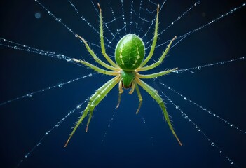 A green spider on a web with dew drops