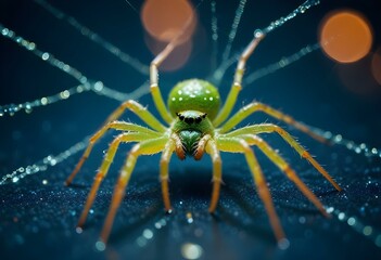 A green spider on a web with dew drops