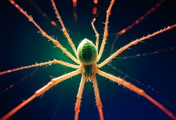 A green spider on a web with dew drops