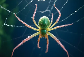 A green spider on a web with dew drops