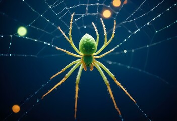 A green spider on a web with dew drops