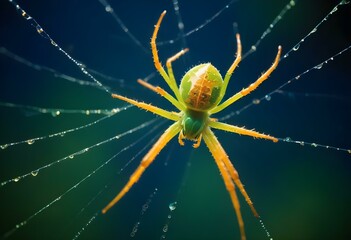 A green spider on a web with dew drops