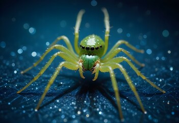 A green spider on a web with dew drops