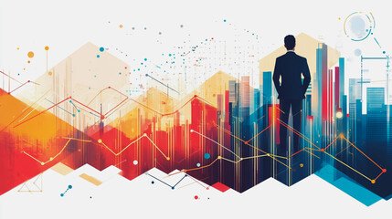 Abstract business man stands on the peak of success amid tall, innovative Smart city and graphs with statistics to analyze business potential and predict future developments in company growth.	