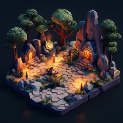 Wall Mural - Fantasy forest scene with stone pathway, entrance, fire, and trees. 3D isometric landscape design.