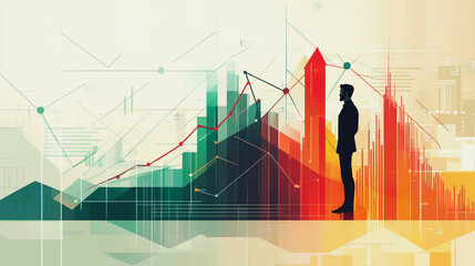 Abstract business man stands on the peak of success amid tall, innovative Smart city and graphs with statistics to analyze business potential and predict future developments in company growth.	