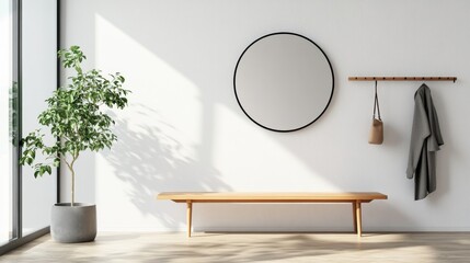 Wall Mural - A clean entryway features a simple wooden bench and a coat rack holding minimal items. A large mirror enhances the space, creating an airy and functional atmosphere