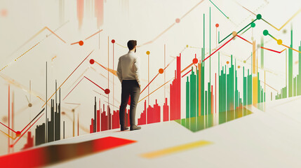 Abstract business man stands on the peak of success amid tall, innovative Smart city and graphs with statistics to analyze business potential and predict future developments in company growth.	