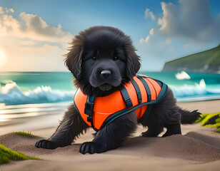 A black Terranova dog is wearing an orange life jacket and swimming in the ocean