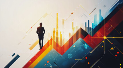 Abstract business man stands on the peak of success amid tall, innovative Smart city and graphs with statistics to analyze business potential and predict future developments in company growth.	