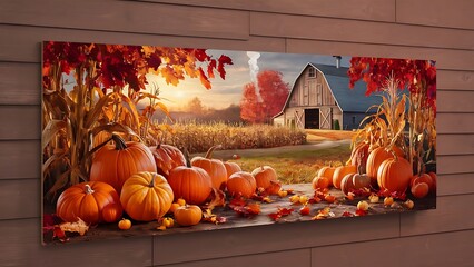 Autumnal harvest on brown wooden background, panoramic shot