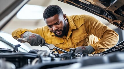 Skilled Mechanic Working on Car Engine