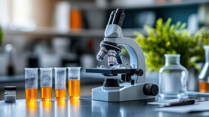 science lab equipment like microscope and test tubes on a table signifies hands-on learning, suitabl