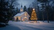© Pelayo - Snow-covered church at dusk with Christmas tree and lights