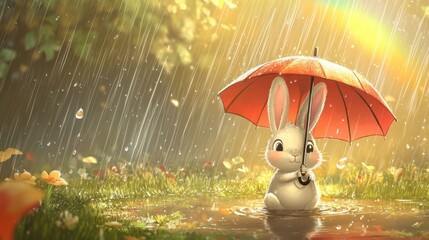 A cartoon rabbit holding an umbrella in the rain, with raindrops splashing around and a rainbow appearing in the distance