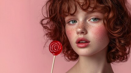 Isolated pink background with pretty young girl holding a lollipop