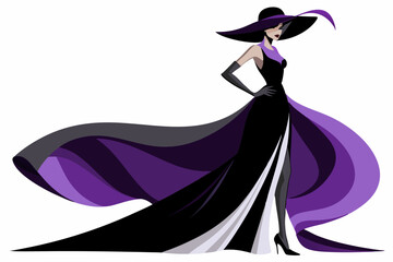 Wall Mural - A woman in Black Purple Dress with Long Train Back. Luxury Fashion Model in Evening Shining Glitter Gown and Elegant Hat. Glamour Lady Silhouette over isolated Studio White Background. Glamorous woman