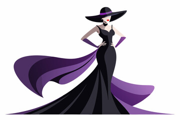 Wall Mural - A woman in Black Purple Dress with Long Train Back. Luxury Fashion Model in Evening Shining Glitter Gown and Elegant Hat. Glamour Lady Silhouette over isolated Studio White Background. Glamorous woman