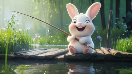 A cute cartoon rabbit fishing in a pond, sitting on a wooden pier with a fishing rod and a happy smile