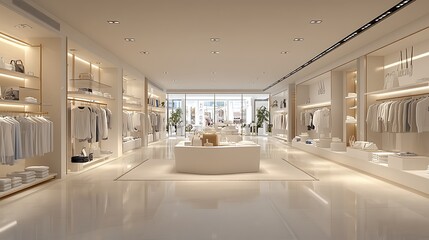 Modern white clothing store interior with mannequins and display stands. Minimalist retail shop design with luxury feel