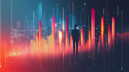 Abstract business man stands on the peak of success amid tall, innovative Smart city and graphs with statistics to analyze business potential and predict future developments in company growth.	