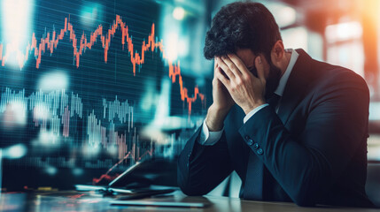 A man in a suit is sitting at a desk with a computer and a monitor displaying a graph. He is looking at the graph with a worried expression on his face