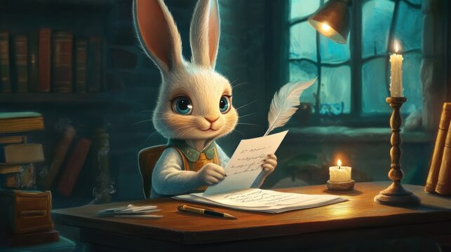 A cute cartoon rabbit writing a letter with a quill pen, sitting at a desk in a cozy room with a candle glowing