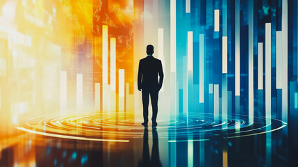 Abstract business man stands on the peak of success amid tall, innovative Smart city and graphs with statistics to analyze business potential and predict future developments in company growth.	